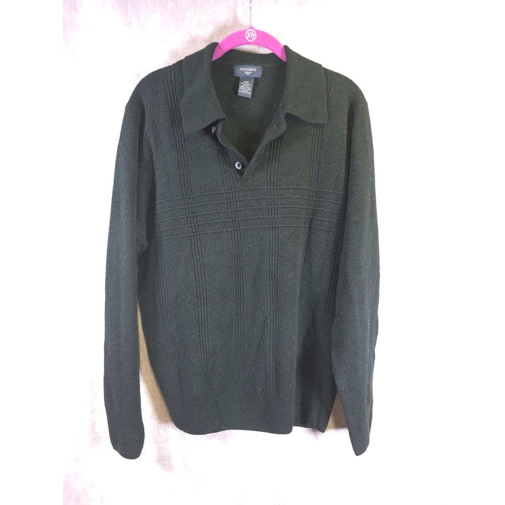 Dockers Mens Knit Sweater Polo Shirt Long Sleeve Collared Medium M Green Plaid
